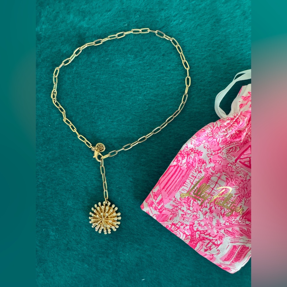 Lilly Pulitzer Rhinestone Gold Sunburst Clip Chain Necklace 16”-19” Adjustable